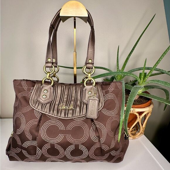 COACH Ashley H1282-F20056 Bronze Brown Dotted Op Art Gathered Satchel Tote Bag - Picture 1 of 13